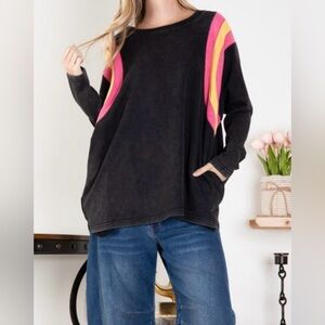 BlueVelvet Crew Neck Mineral Washed Long Sleeve Top With Shoulder Contrast